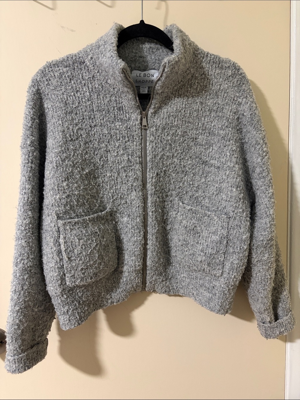 Le Bon Shoppe Women's Light Gray Zip-Up Bouclé Sweater Jacket
